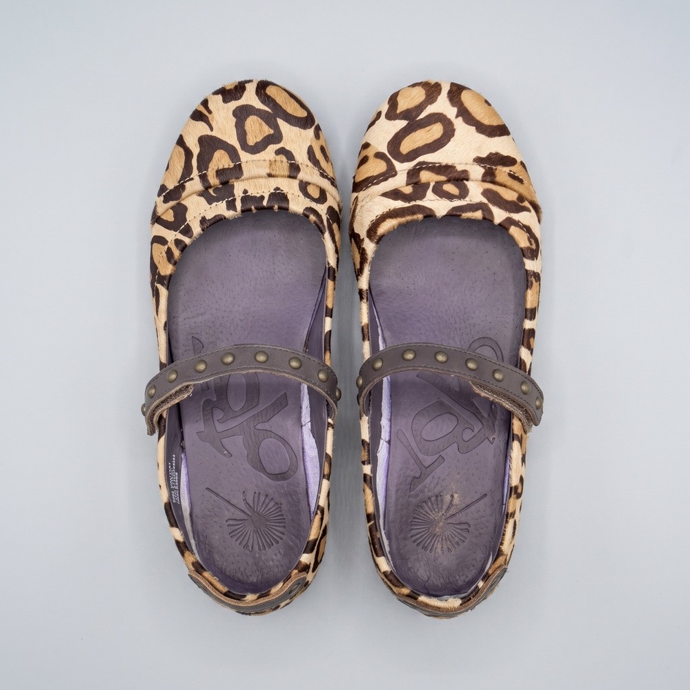OTBT Gamine Mary Jane Flat Shoe Camel Leopard Print Hair-On Studded Tan 7.5